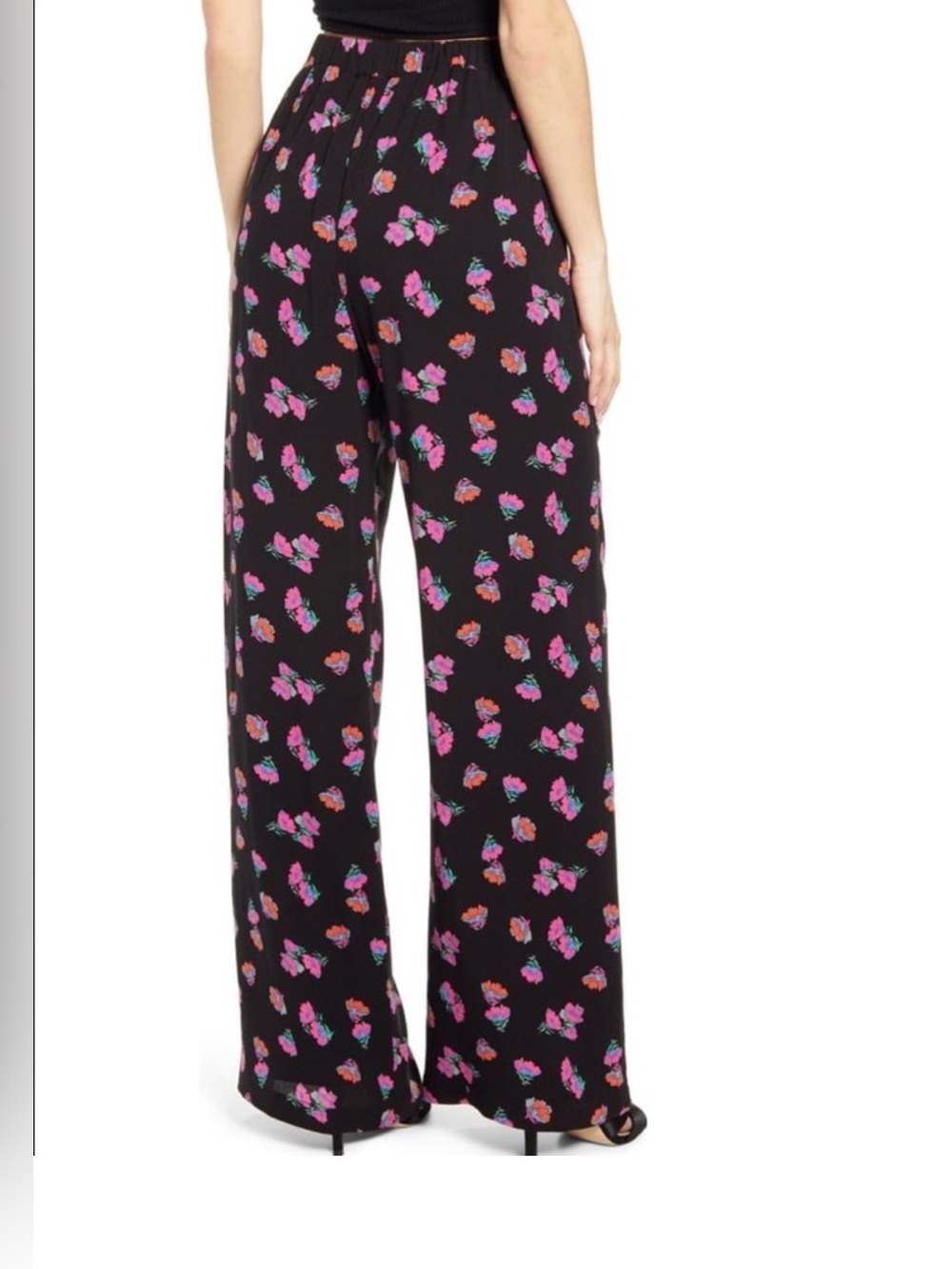 WAYF Black Floral High-Waisted Wide Leg Pants: Medium